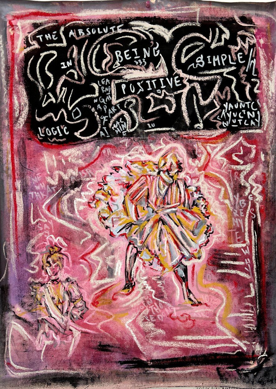 Absolute Logic of Dance — a dancing figure amid pink fields and white gestural text reading 'the absolute being simple positive logic'.