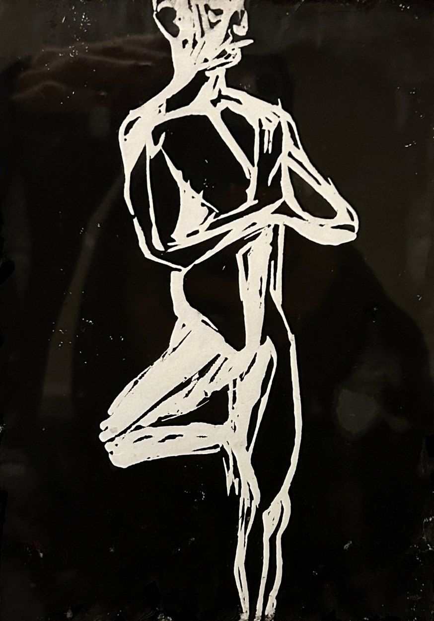 Stability in Red (Black) — a white-line figure on a black ground (linocut), one of one.