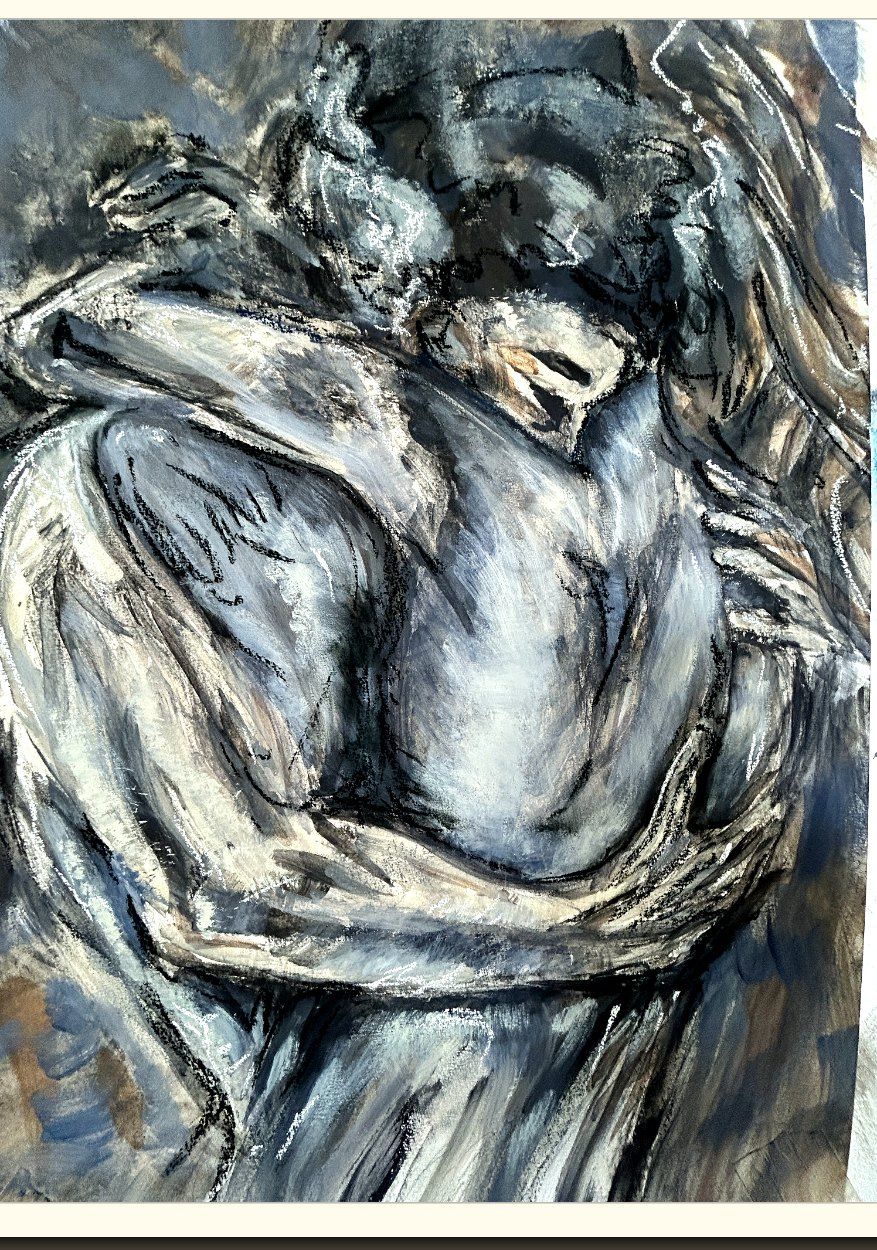 Body Language — two figures tightly intertwined in acrylic, pastel and charcoal, in earth tones and blue-grey.