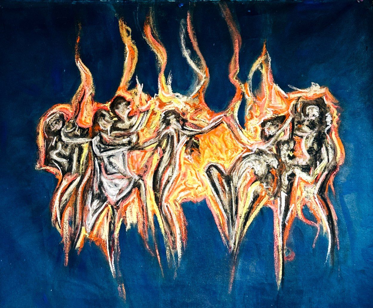 The Dancers — a mixed-media painting of figures in motion, in warm reds and golds.