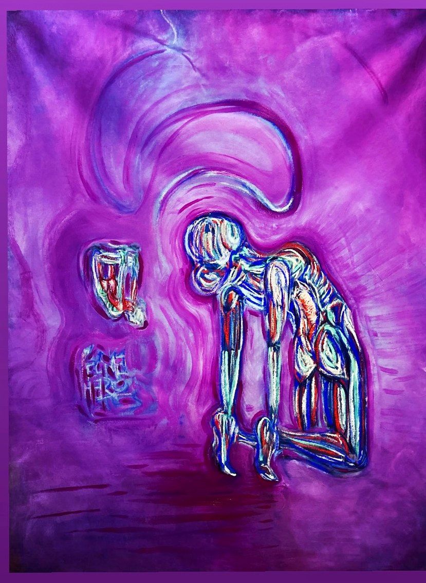 What the Heart Knows — a figure opening her chest in a heart-opener pose, in vivid magenta and blue acrylic and pastel.