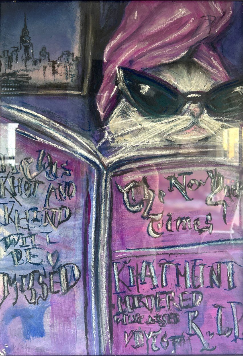 NYTimes Loves Khatmeini — a bespectacled cat reading The New York Times, in purple and magenta acrylic, charcoal and pastel.