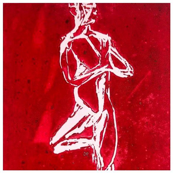 Stability in Red — a white-line figure in a balanced kneeling pose on a deep red ground (linocut).