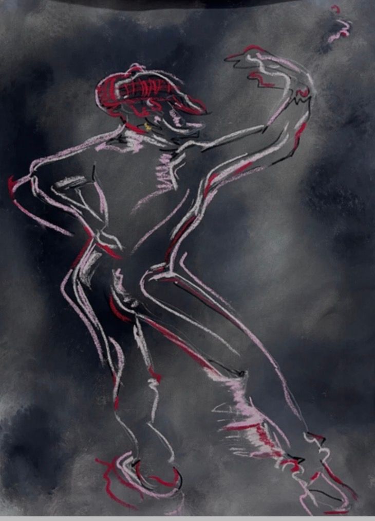 The Rise of the Fem — a dancing figure rendered in gestural white, red and pink lines on a smoky grey ground.