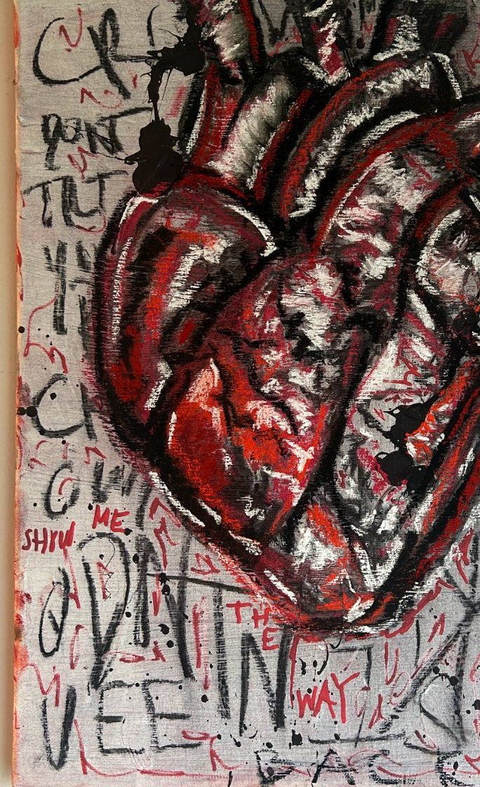 Piece of My Heart — an anatomical heart in red, black and white over graffiti-like mark-making on canvas.